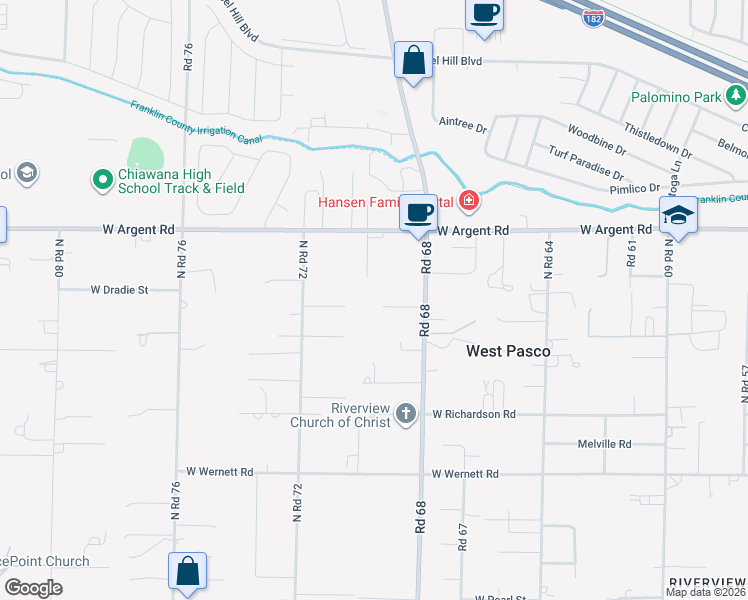map of restaurants, bars, coffee shops, grocery stores, and more near 2904 North Road 70 in Pasco