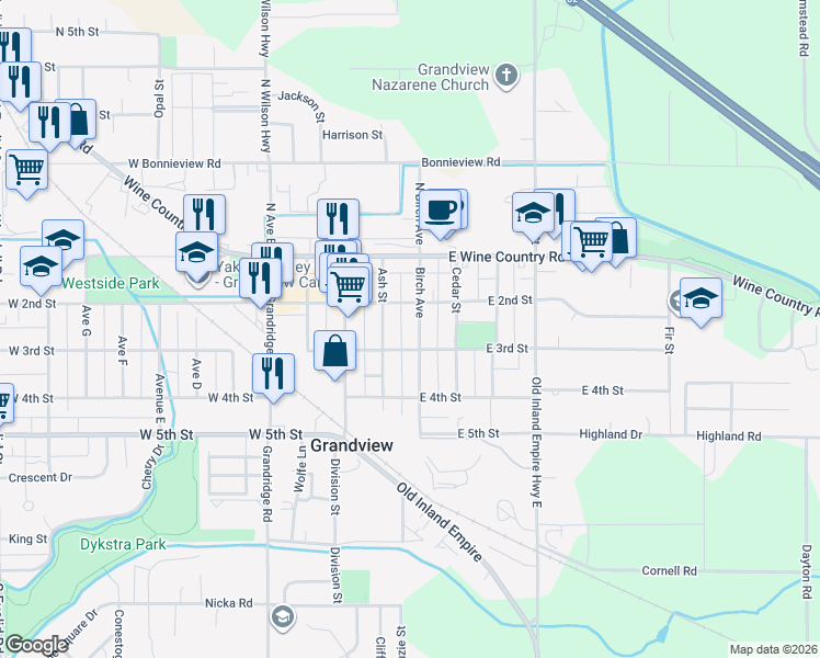 map of restaurants, bars, coffee shops, grocery stores, and more near 210 Birch Avenue in Grandview