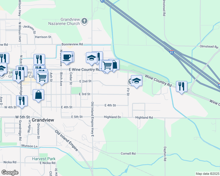 map of restaurants, bars, coffee shops, grocery stores, and more near 620 E 2nd St in Grandview