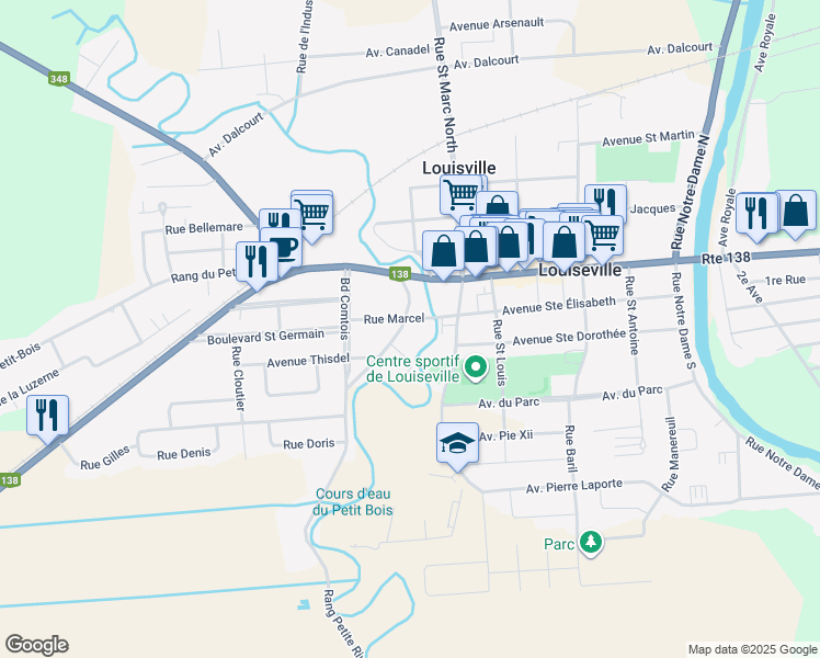 map of restaurants, bars, coffee shops, grocery stores, and more near 91 Rang de la Petite Riviere in Louiseville