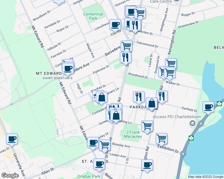 map of restaurants, bars, coffee shops, grocery stores, and more near 39 Palmers Lane in Charlottetown