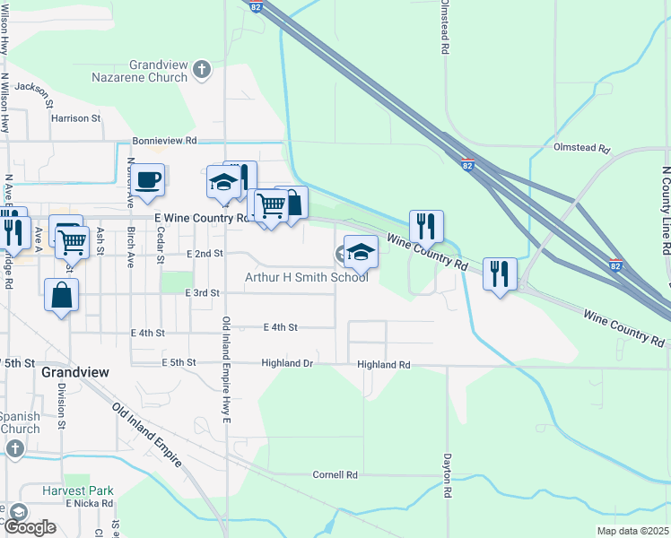 map of restaurants, bars, coffee shops, grocery stores, and more near 205 Fir Street in Grandview