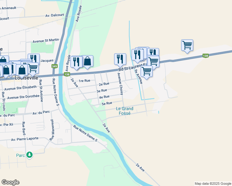 map of restaurants, bars, coffee shops, grocery stores, and more near 381 4e Rue in Louiseville