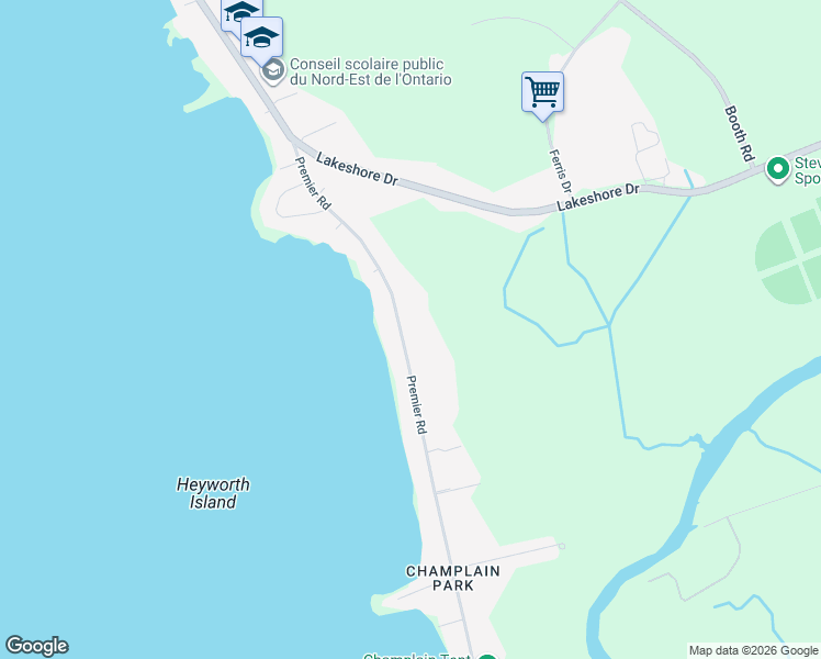 map of restaurants, bars, coffee shops, grocery stores, and more near 1004 Premier Road in North Bay