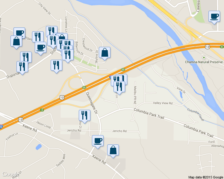 map of restaurants, bars, coffee shops, grocery stores, and more near 875 Tulip Lane in Richland