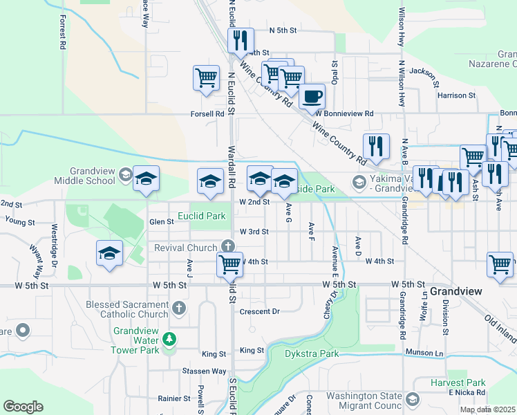 map of restaurants, bars, coffee shops, grocery stores, and more near 909 West 3rd Street in Grandview