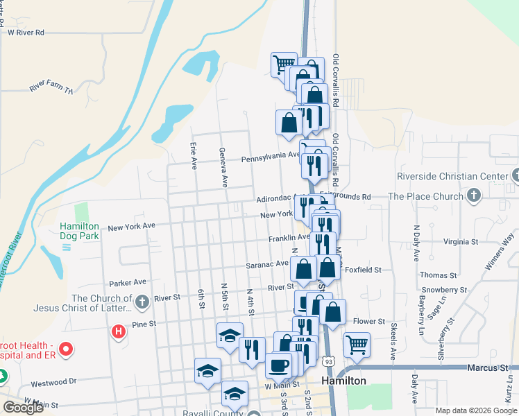 map of restaurants, bars, coffee shops, grocery stores, and more near 720 N 4th St in Hamilton