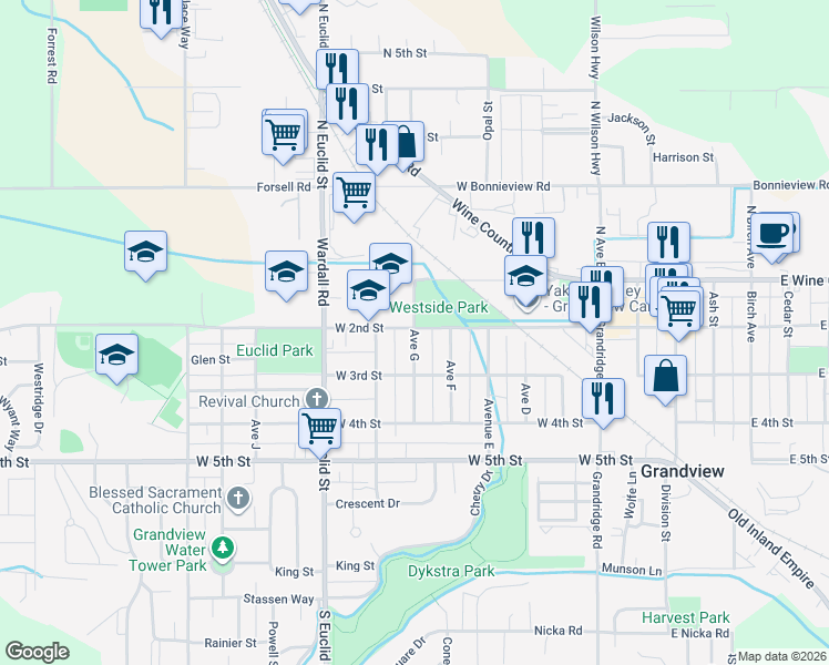 map of restaurants, bars, coffee shops, grocery stores, and more near 211 Ave G in Grandview