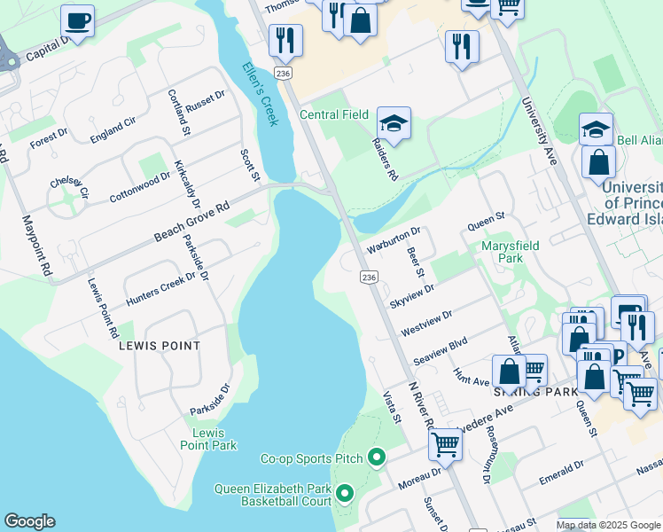 map of restaurants, bars, coffee shops, grocery stores, and more near 18 Waterview Heights in Charlottetown