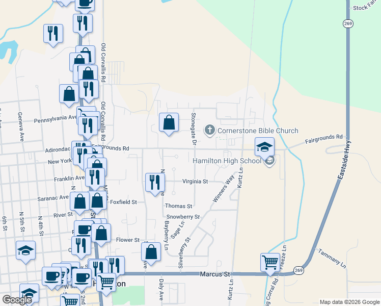 map of restaurants, bars, coffee shops, grocery stores, and more near 111 Cottonwood Court in Hamilton