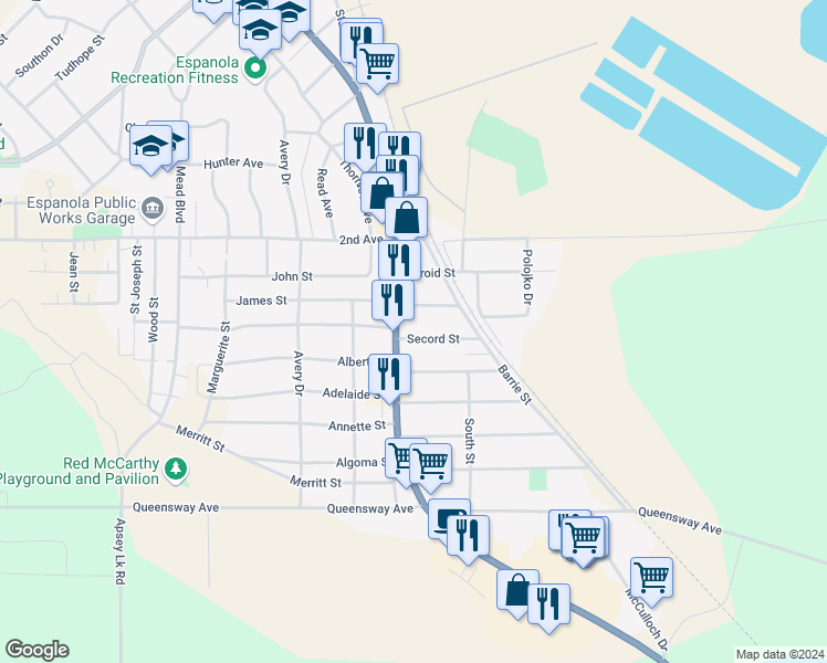 map of restaurants, bars, coffee shops, grocery stores, and more near 296 Secord Street in Espanola