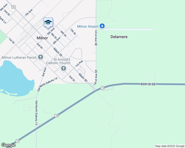 map of restaurants, bars, coffee shops, grocery stores, and more near 54 Greenfield Road in Milnor