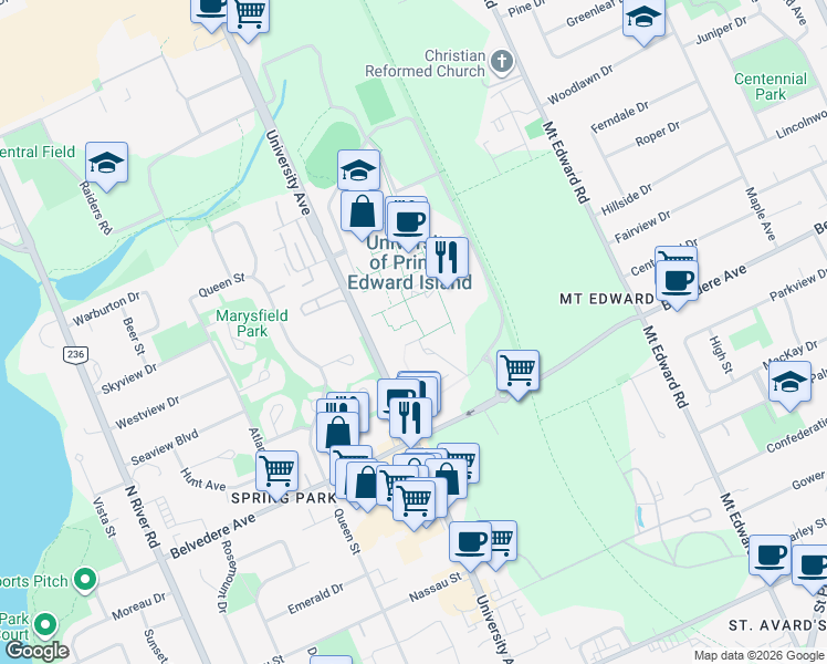 map of restaurants, bars, coffee shops, grocery stores, and more near 550 University Avenue in Charlottetown