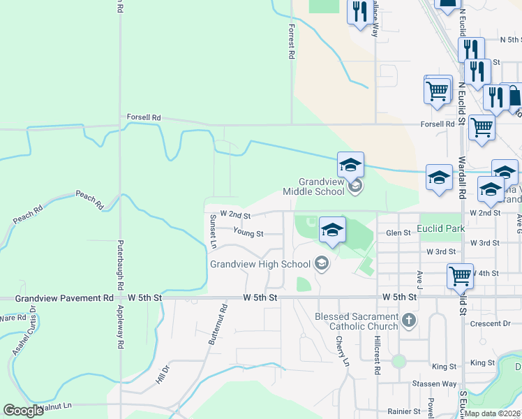 map of restaurants, bars, coffee shops, grocery stores, and more near 1809 West 2nd Street in Grandview