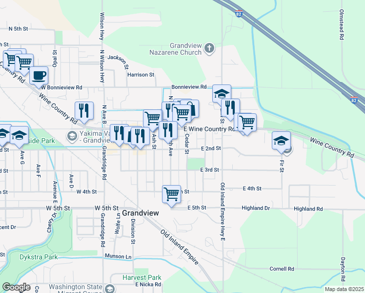 map of restaurants, bars, coffee shops, grocery stores, and more near 106 Cedar St in Grandview