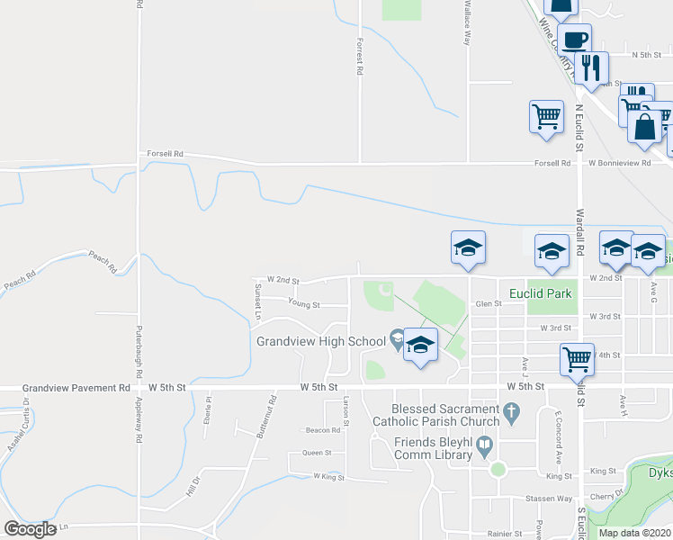 map of restaurants, bars, coffee shops, grocery stores, and more near 1805 West 2nd Street in Grandview