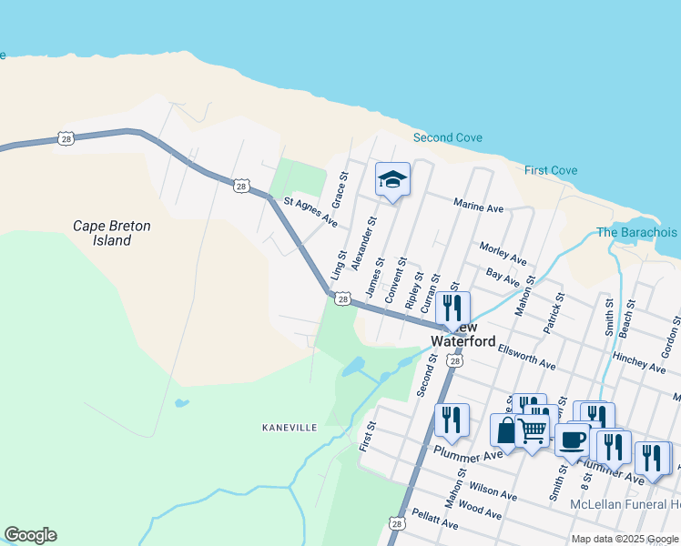 map of restaurants, bars, coffee shops, grocery stores, and more near 322 Ling Street in New Waterford