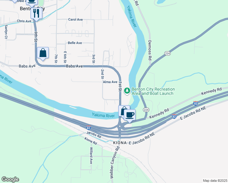 map of restaurants, bars, coffee shops, grocery stores, and more near 109 Alma Ave in Benton City