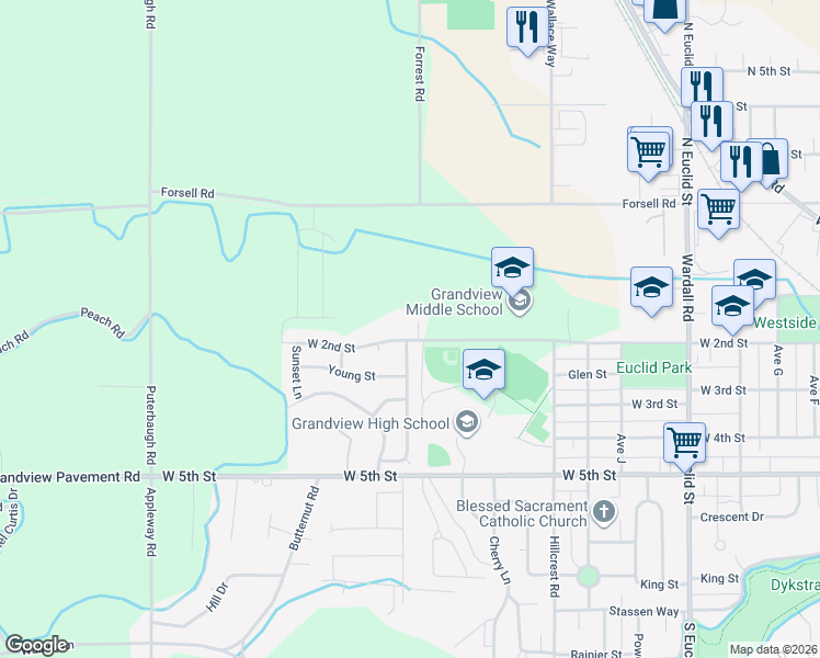 map of restaurants, bars, coffee shops, grocery stores, and more near 114 Westridge Drive in Grandview