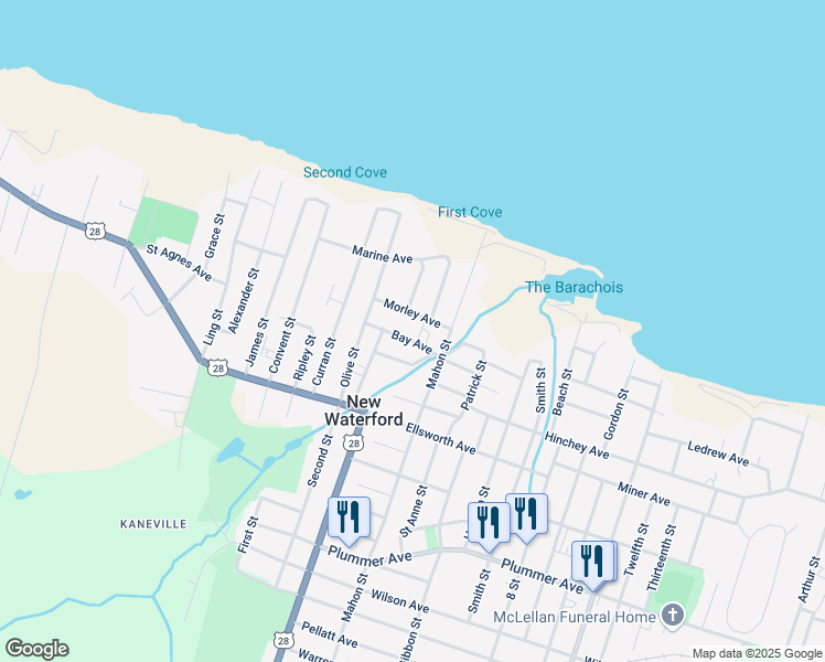 map of restaurants, bars, coffee shops, grocery stores, and more near 3546 Morley Avenue in New Waterford