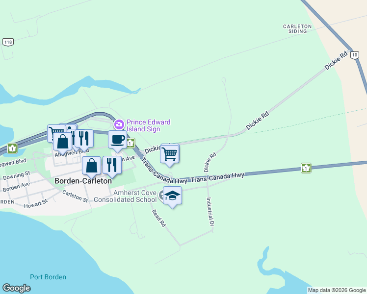 map of restaurants, bars, coffee shops, grocery stores, and more near 20 Dickie Road in Borden-Carleton
