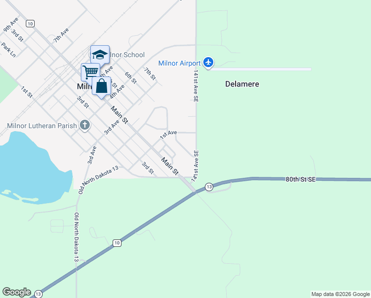 map of restaurants, bars, coffee shops, grocery stores, and more near 54 Greenfield Road in Milnor