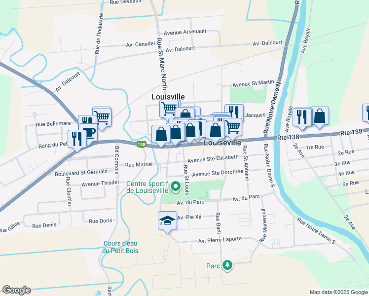 map of restaurants, bars, coffee shops, grocery stores, and more near 331 Avenue Saint Laurent in Louiseville