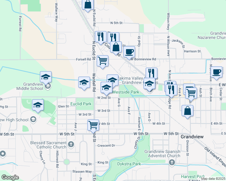 map of restaurants, bars, coffee shops, grocery stores, and more near 811 West 2nd Street in Grandview