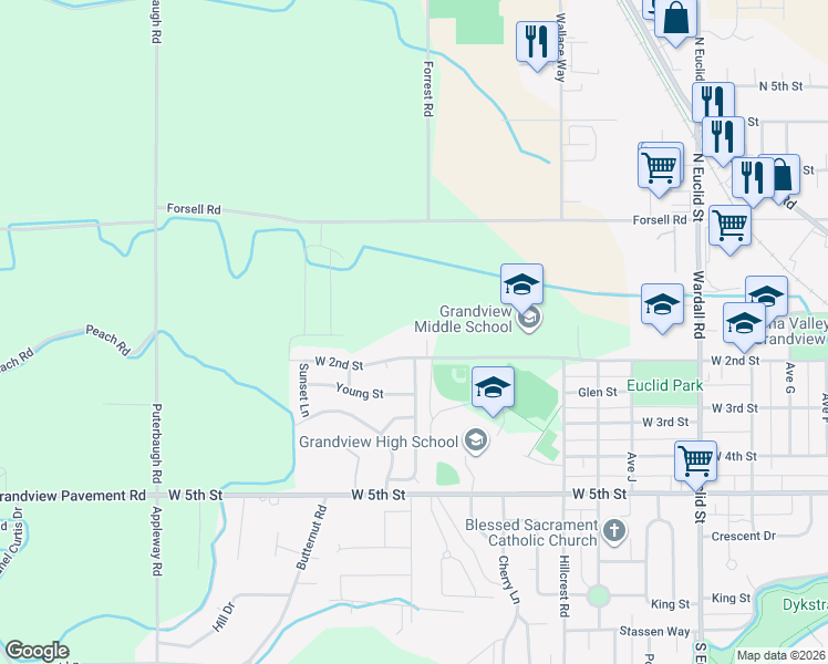 map of restaurants, bars, coffee shops, grocery stores, and more near 108 Westridge Drive in Grandview