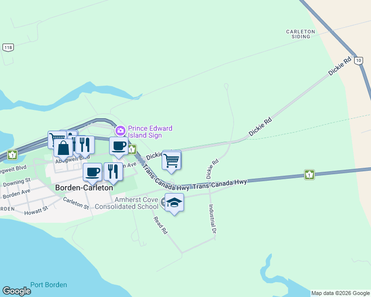 map of restaurants, bars, coffee shops, grocery stores, and more near 20 Dickie Road in Borden-Carleton