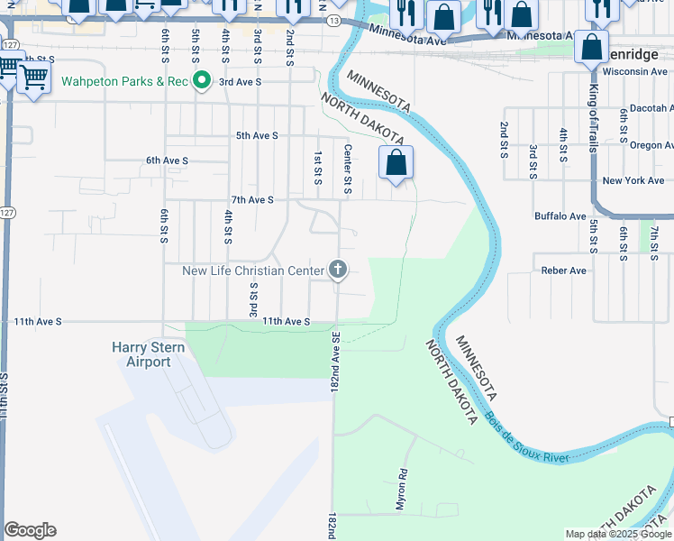 map of restaurants, bars, coffee shops, grocery stores, and more near 7980 Center Street South in Wahpeton