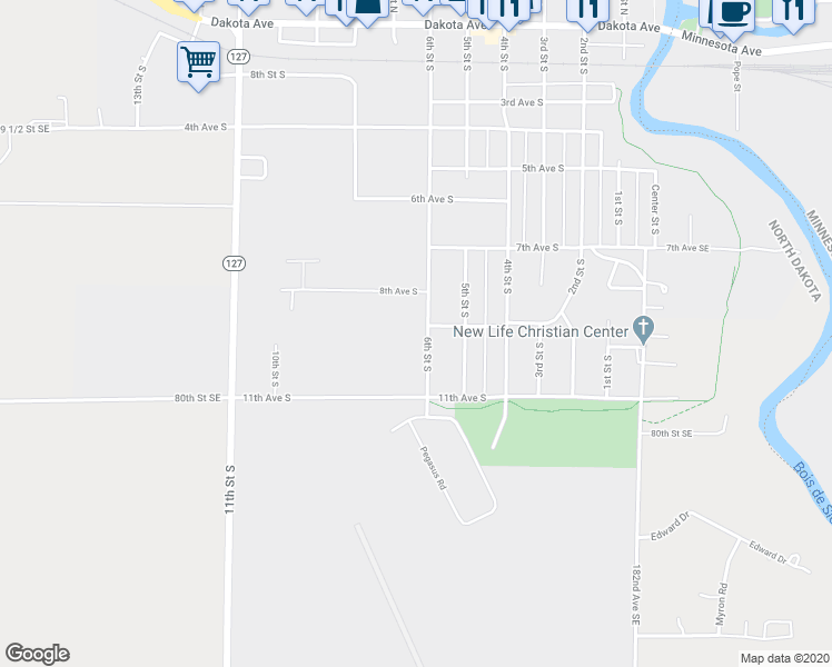 map of restaurants, bars, coffee shops, grocery stores, and more near 909 6th Street South in Wahpeton