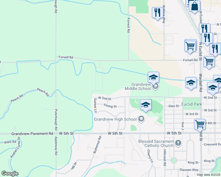 map of restaurants, bars, coffee shops, grocery stores, and more near 1809 West 2nd Street in Grandview