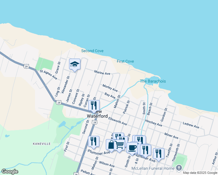 map of restaurants, bars, coffee shops, grocery stores, and more near 3546 Morley Avenue in New Waterford