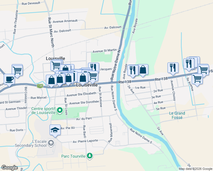 map of restaurants, bars, coffee shops, grocery stores, and more near 45 Avenue Saint Laurent in Louiseville