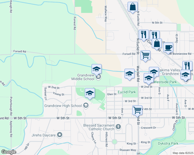 map of restaurants, bars, coffee shops, grocery stores, and more near 1401 West 2nd Street in Grandview