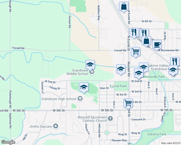 map of restaurants, bars, coffee shops, grocery stores, and more near 1401 West 2nd Street in Grandview