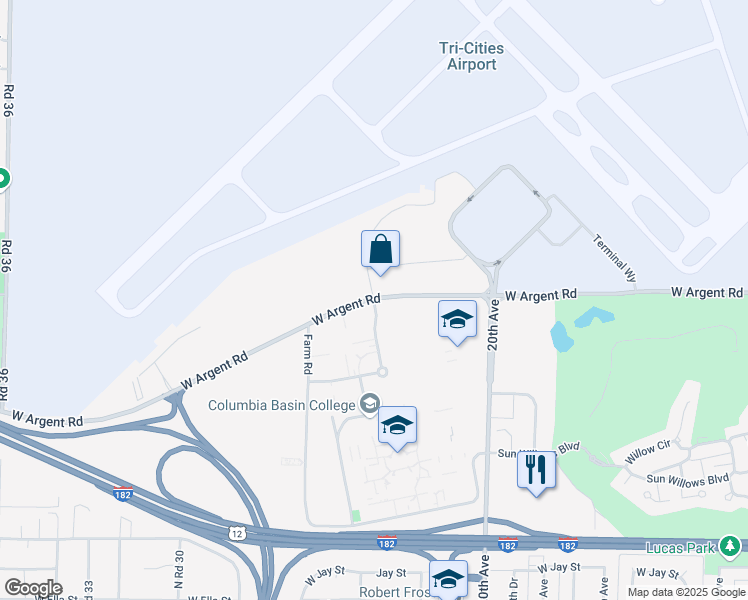 map of restaurants, bars, coffee shops, grocery stores, and more near W Argent Rd & Saraceno Way in Pasco