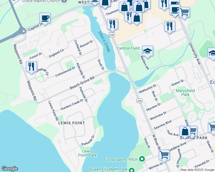 map of restaurants, bars, coffee shops, grocery stores, and more near 36 Beach Grove Road in Charlottetown
