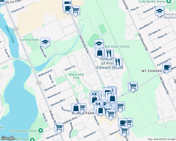 map of restaurants, bars, coffee shops, grocery stores, and more near 529 University Avenue in Charlottetown