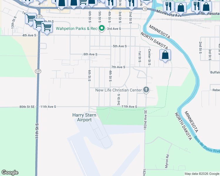 map of restaurants, bars, coffee shops, grocery stores, and more near 401 9th Avenue South in Wahpeton