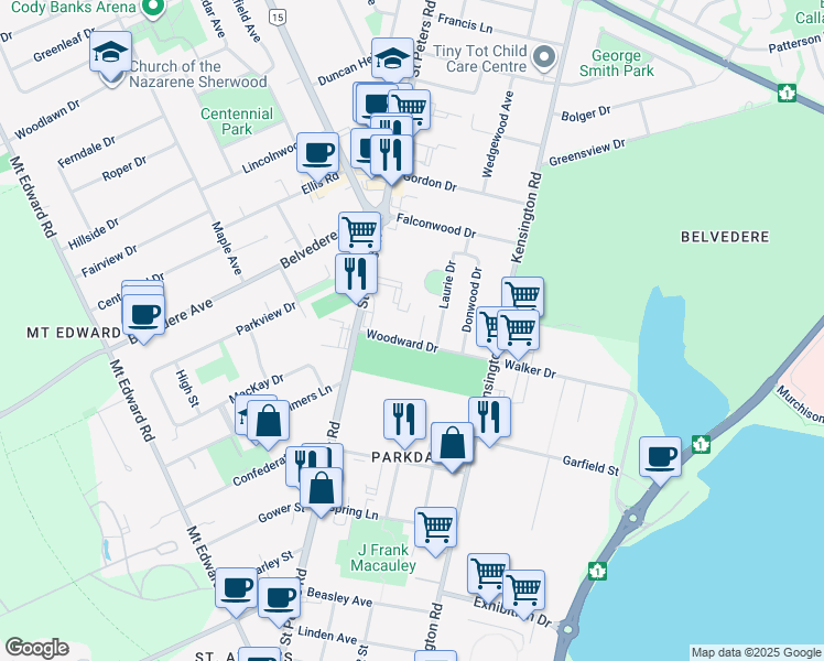 map of restaurants, bars, coffee shops, grocery stores, and more near 24 Woodward Drive in Charlottetown