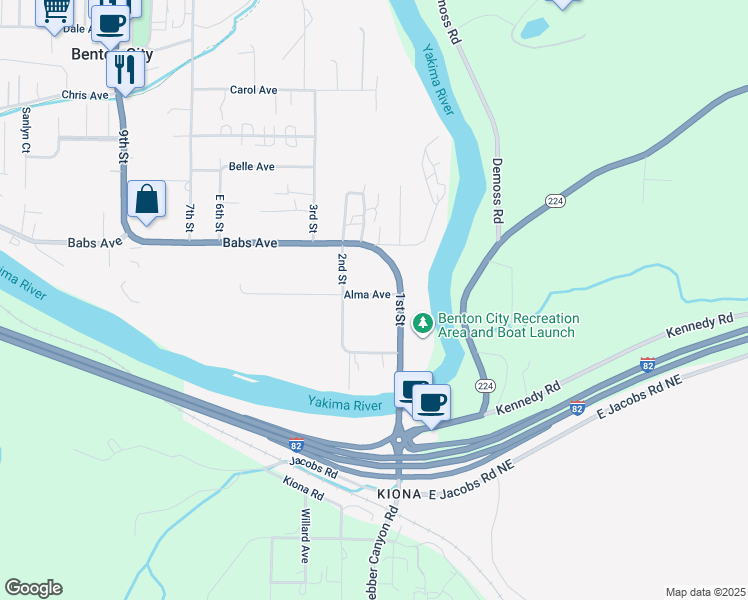 map of restaurants, bars, coffee shops, grocery stores, and more near 109 Alma Avenue in Benton City