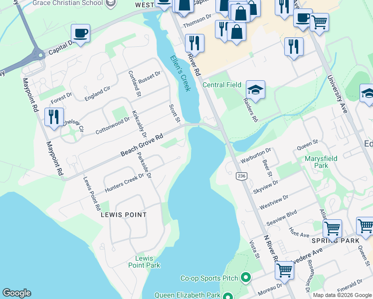 map of restaurants, bars, coffee shops, grocery stores, and more near 36 Beach Grove Road in Charlottetown