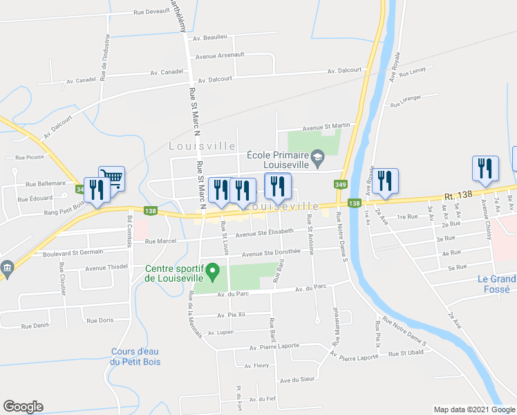 map of restaurants, bars, coffee shops, grocery stores, and more near 220 Avenue Saint Laurent in Louiseville