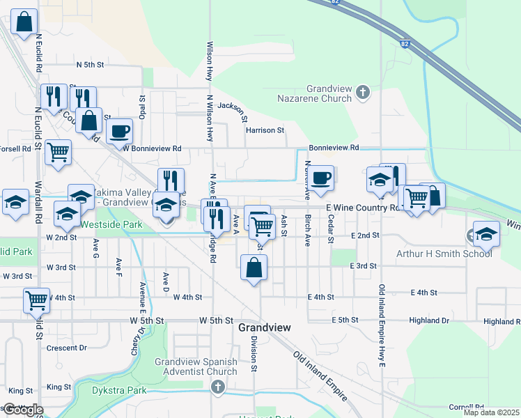 map of restaurants, bars, coffee shops, grocery stores, and more near 107 Division Street in Grandview