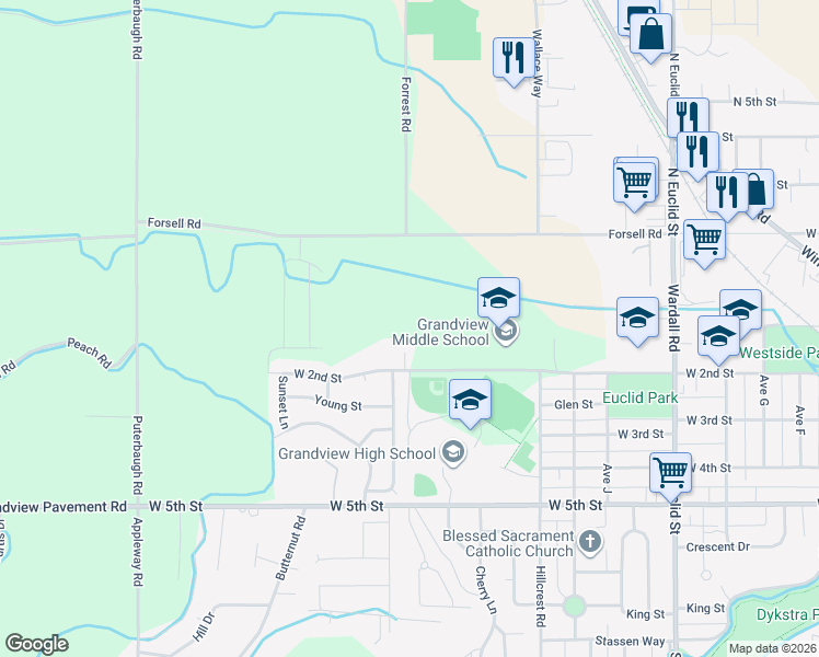 map of restaurants, bars, coffee shops, grocery stores, and more near 114 Westridge Drive in Grandview