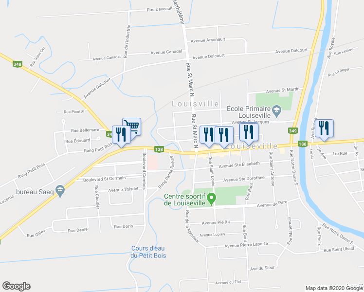 map of restaurants, bars, coffee shops, grocery stores, and more near 30 Rue Saint Paul in Louiseville