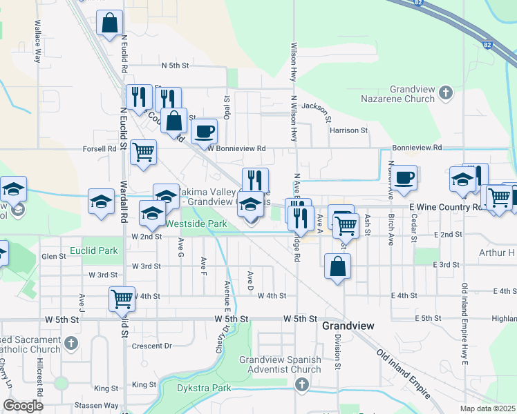 map of restaurants, bars, coffee shops, grocery stores, and more near 402 West Main Street in Grandview