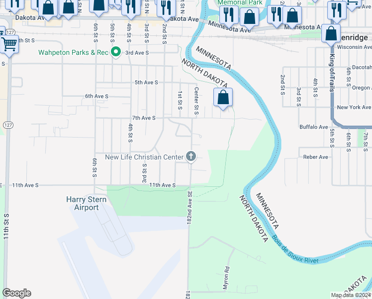map of restaurants, bars, coffee shops, grocery stores, and more near 7980 Center Street South in Wahpeton
